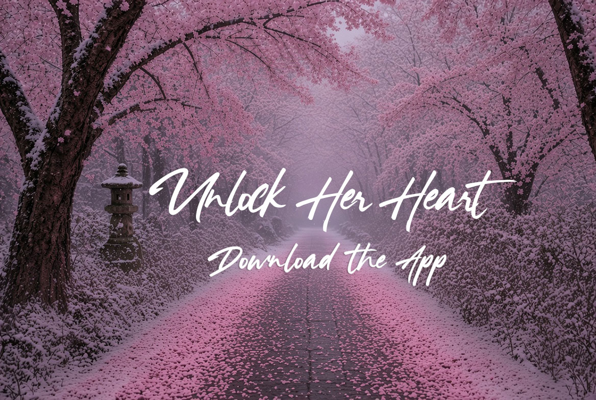 Unlock Her Heart download the app in white handwritten font with a path in japan with ancient japanese stone lights on the side of the path and cherry blossom trees and petals flowing everywhere and on the pathway with snow everywhere as the path continues forward endlessly into the wilderness