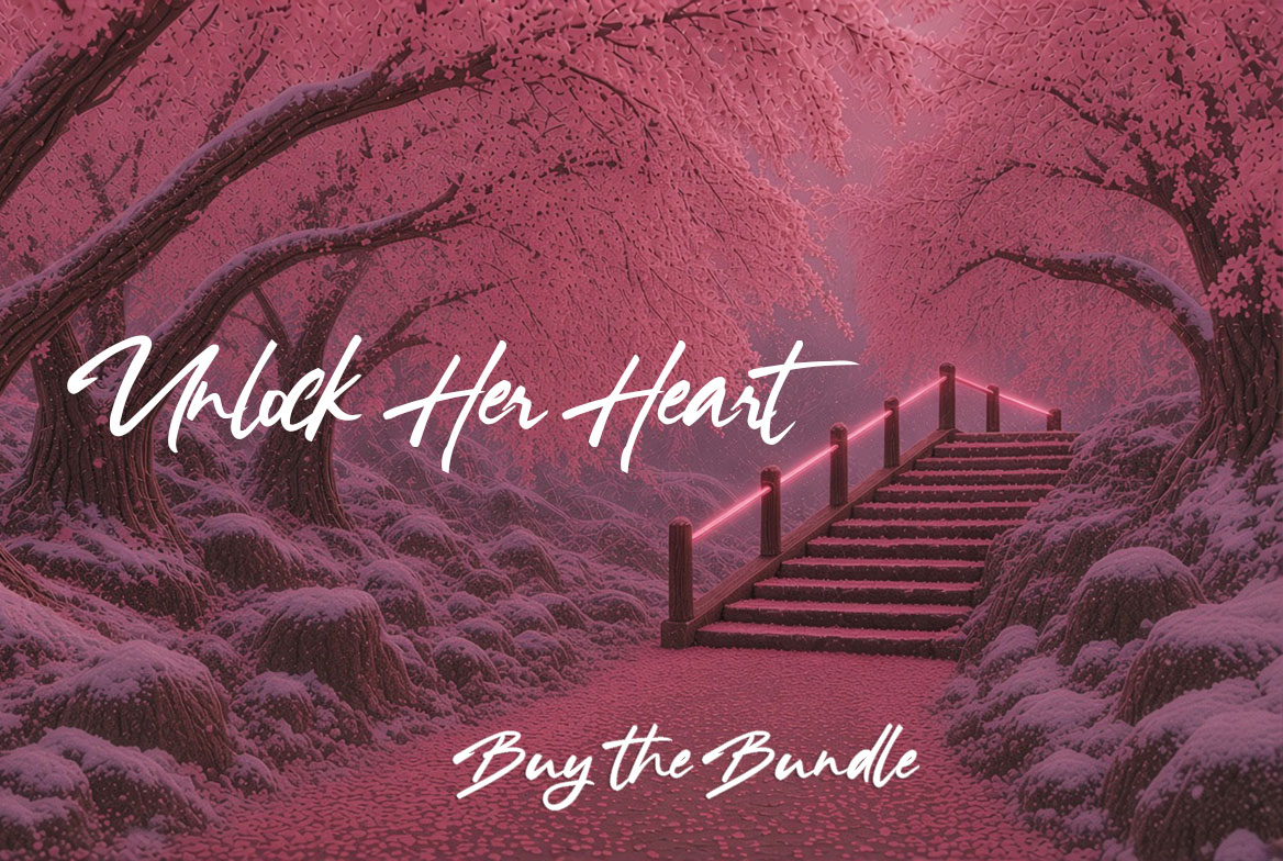 Unlock Her Heart buy the bundle in white handwritten font, snowy covered rockey wilderness with deep pink cherry blossom trees flowing with branches and raining petals on the pathway that leads to a petal covered staircase with a neon pink glowing rail.