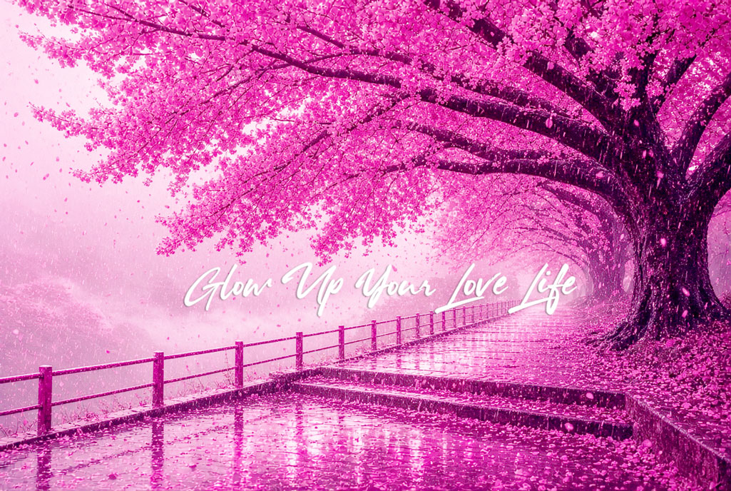 Glow up your love life in handwritten cursive, with deep pink cherry blossoms flowing and raining petals all over the wet staircase with mystic cloudy mountainside in the background. Everything is deep pink.