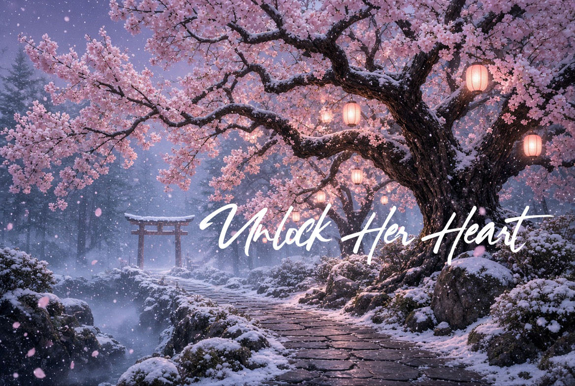 Unlock Her Heart in white handwritten font with a path in japan with ancient japanese placed stone pathway with cherry blossom trees and petals falling in the wind and japanese lanterns in the trees with snow on the rocks as the path continues to a japanese archway.